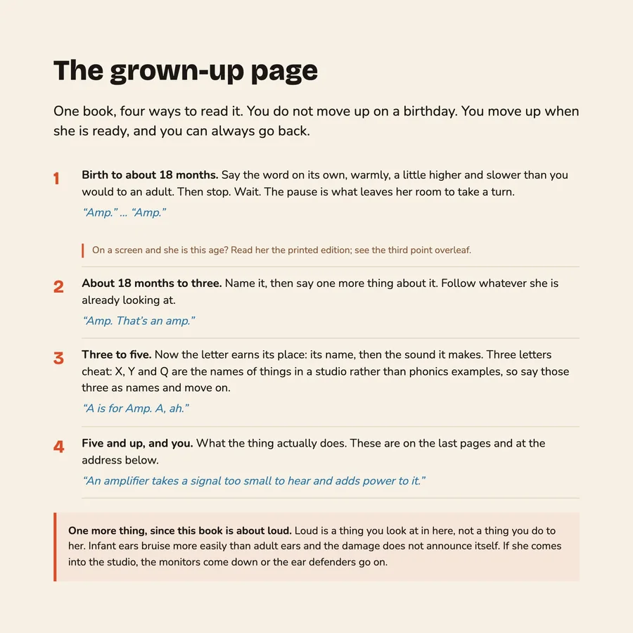 The grown-up page from the back of the book, explaining the four ways to read it